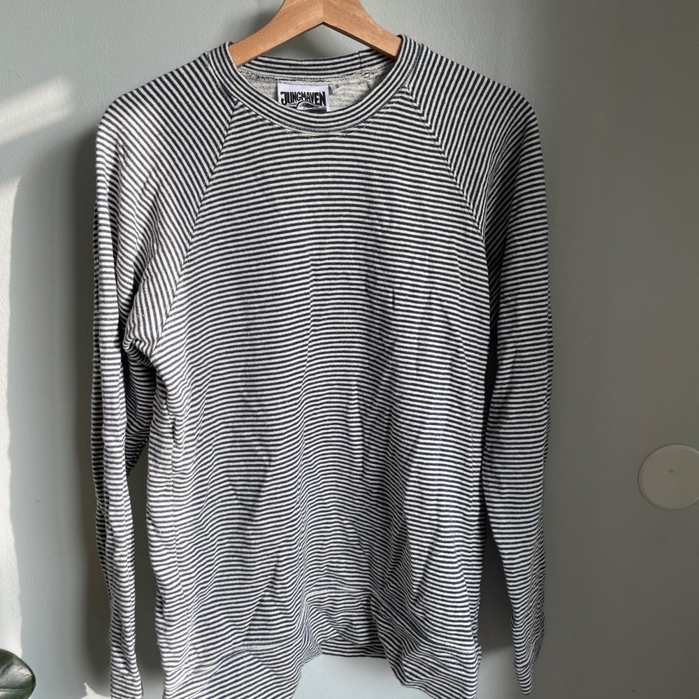 Jungmaven Sierra Crewneck Sweatshirt, Navy Stripe, size small